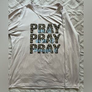 Womens Tan Long Sleeve T-Shirt - Pray Religious Shirt With Animal Print, Size L